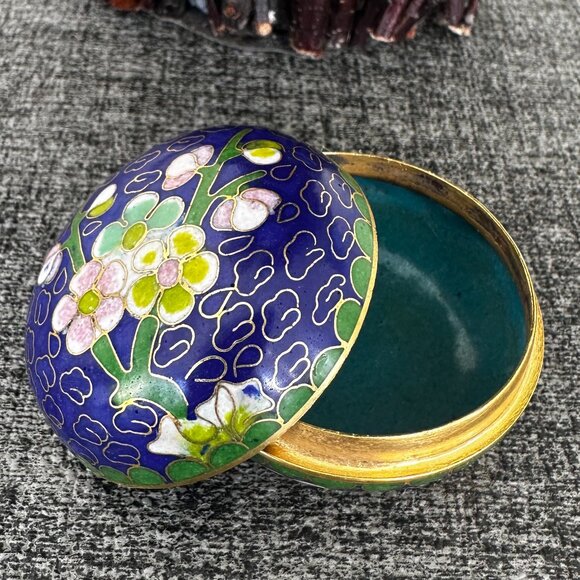 Cloisonne Cobalt Blue Floral Round Mini Trinket Jewelry Vintage Box - Picture 1 of 8